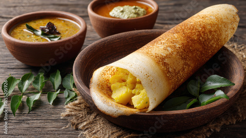 Traditional South Indian masala dosa served in a rustic clay bowl with spicy potato filling and side bowls of sambar dal and coconut chutney on a wooden table for authentic restaurant marketing