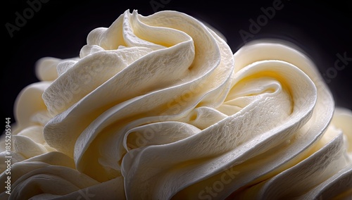 Close-up view of whipped cream textures, showcasing its delicate swirls and creamy tones against a dark backdrop.