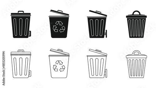 Collection of various trash can icons in black and white outline style