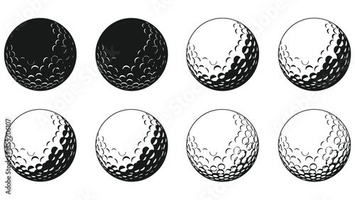 A series of golf balls displaying varying shades of gray and white