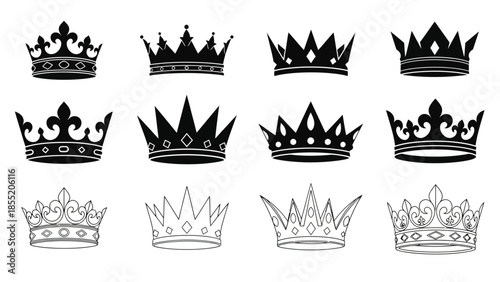 Collection of various black and white royal crowns in different designs