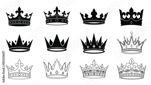 Collection of diverse royal crowns in black and white illustration style