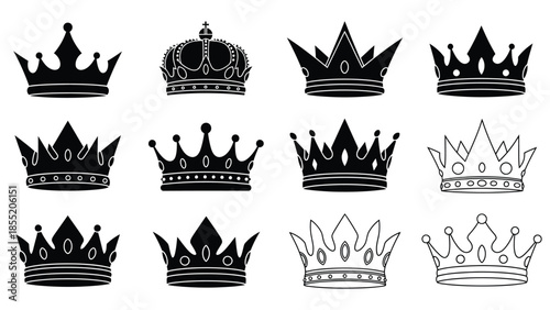 Collection of ornate black crowns in various royal and decorative designs