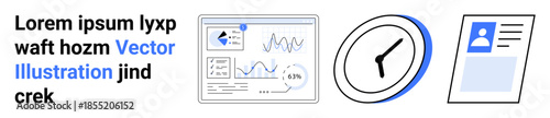 Business management, data tracking, time efficiency, identity verification, organizational tools, work productivity. Graphs, clock and ID card in flat design. Highlights data tracking and time