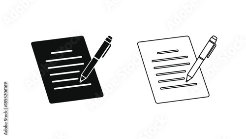 Black and white illustration of documents with pens representing writing or paperwork