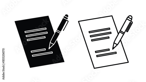 Two sets of documents with pens one black and one white outline