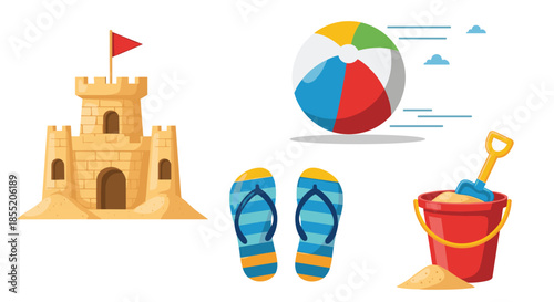 Summer beach vacation icon set including a sandcastle, colorful beach ball, flip-flops, and a bucket with sand and a shovel.