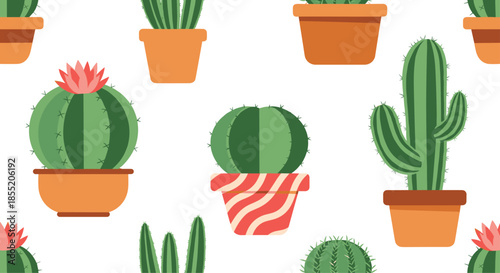 Seamless pattern featuring a variety of cute green cactus and succulent plants in colorful terracotta pots on a white background.