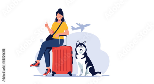 Young woman traveling with her pet husky, sitting on a suitcase and giving a thumbs up with an airplane in the background.