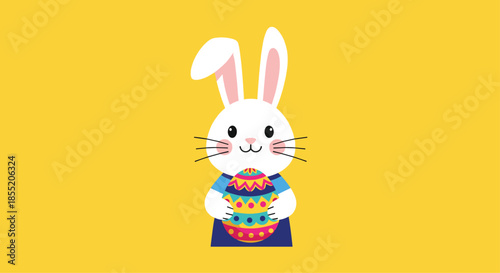 Adorable white Easter bunny cartoon character holding a colorful decorated egg against a bright solid yellow background for the holiday.
