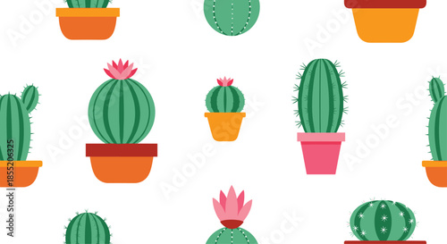 Seamless pattern with cute and colorful cartoon cacti and succulents in various decorative pots on a clean white background.