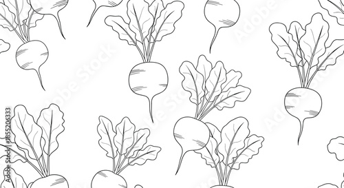 Seamless black and white pattern of hand-drawn radishes or beetroots in a vintage line art style for a botanical background.