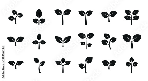 Collection of black silhouette icons representing plant sprouts and seedlings, symbolizing growth, new life, and nature.