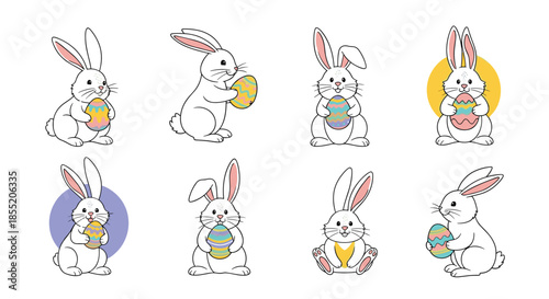 Cute collection of eight hand-drawn Easter bunnies in different poses, each holding a colorful decorated egg for the spring holiday.