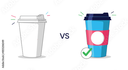 Comparison of a plain disposable coffee cup versus a colorful reusable cup, promoting eco-friendly choices and brand identity.