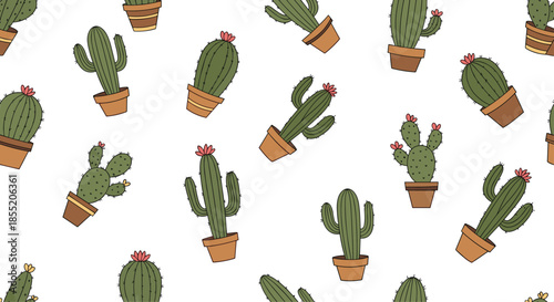 Seamless background pattern with various hand-drawn doodle style cactus and succulent plants in simple terracotta flower pots.