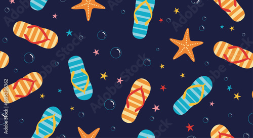 Seamless summer beach pattern with colorful flip-flops, starfish, and bubbles on a dark blue background for vacation concepts.