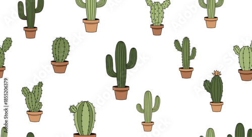 Seamless background pattern with various hand-drawn line art cactus plants in simple terracotta flower pots on a white background.