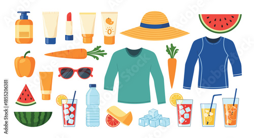 Large collection of summer essentials including clothing, sunscreen, fruits like watermelon, and refreshing drinks for hot weather.