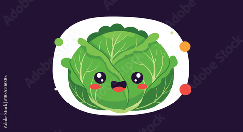Cute kawaii cartoon cabbage character with a happy smiling face and rosy cheeks on a dark background with colorful dots.