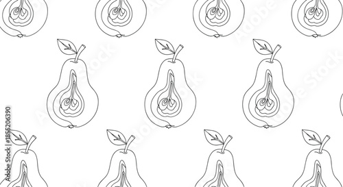 Minimalist seamless pattern of sliced pears in a continuous one-line drawing style on a simple white background design.