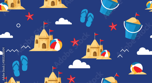 Seamless summer beach pattern featuring cute sandcastles, buckets, flip-flops, and starfish on a vibrant dark blue background.