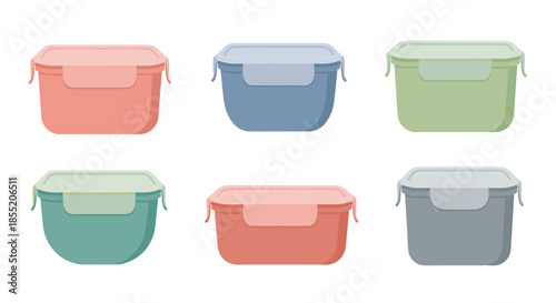 Collection of colorful reusable plastic and glass food storage containers, lunch boxes with lids in various shapes and sizes.