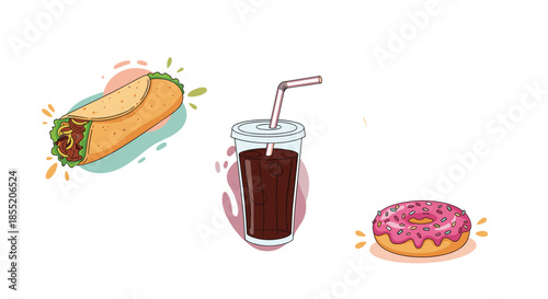 Set of delicious fast food items including a burrito, a cup of soda with a straw, and a sweet pink frosted donut.