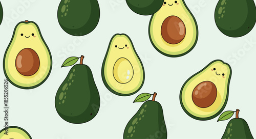 Seamless pattern of adorable kawaii avocado characters with cute smiling faces, showing whole and halved fruit on a light background.