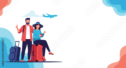 Happy couple with suitcases ready for a vacation, standing together with an airplane flying in the sky, travel concept banner.
