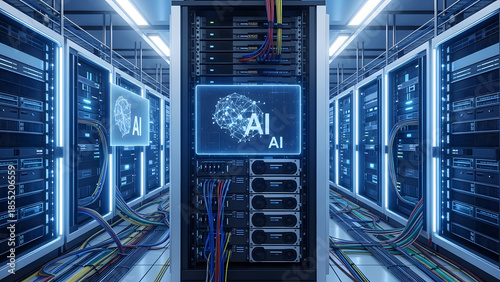 AI data center server room with artificial intelligence processors, neural network visualization, high performance computing infrastructure and cloud technology concept