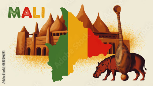 Mali cultural illustration with flag map, Great Mosque of Djenné, traditional music instrument and hippopotamus wildlife art