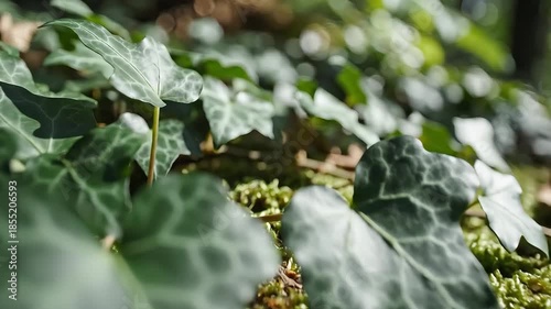 Closeup of lush green ivy leaves and moss on the forest floor.