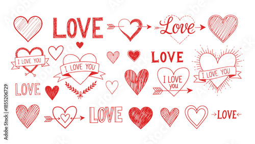 Hand-drawn hearts and love messages