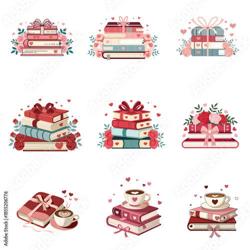 Romantic Valentine’s Day Book Lover Illustration Bundle with Cozy Coffee and Floral Book Stacks