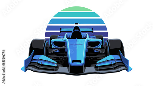 Futuristic blue formula racing car front view illustration with gradient sunset background, modern motorsport speed concept art