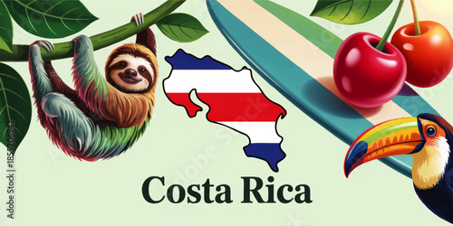 Colorful Costa Rica travel illustration with sloth, toucan, cherries, surfboard and patriotic flag map on pastel background