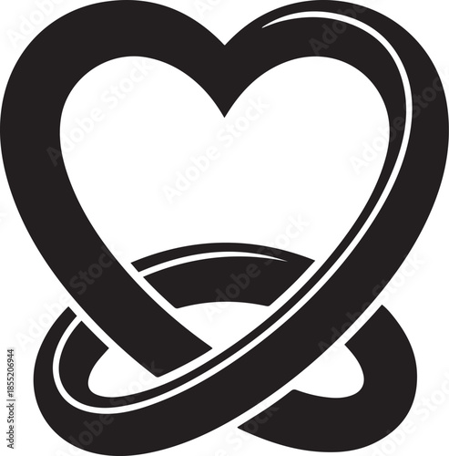 Black and white heart shape with intertwined loops and curves