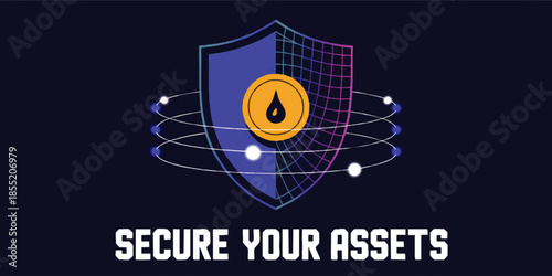 Cyber security shield with glowing orbiting nodes and secure your assets text on dark blue background