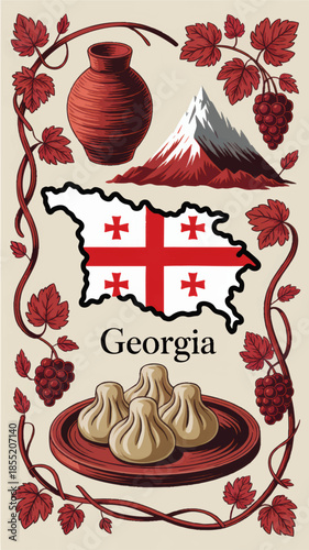 Georgia travel illustration with national flag map, khinkali dumplings, wine grapes, mountain landscape and traditional pottery
