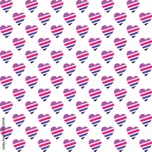 Pattern created from diagonally striped neon pale pink, pink, blue and black hearts on a transparent background