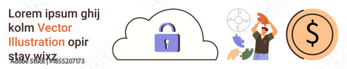 Data protection, cloud security, teamwork, financial management, online transactions, technology. Secure cloud with lock, teamwork graphic dollar symbol. Cloud security and teamwork concept