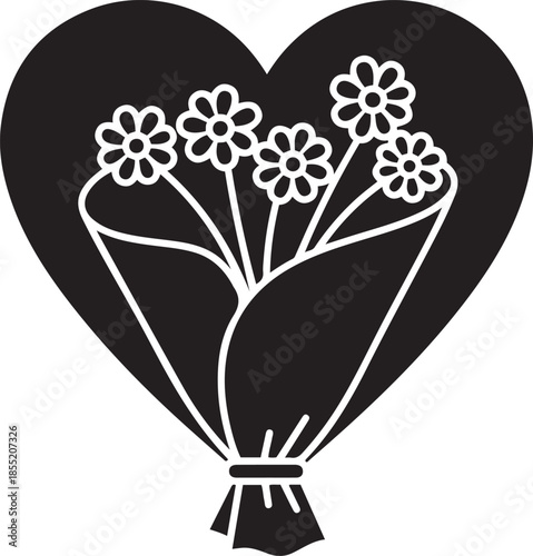 Black and white heart with a bouquet of flowers inside