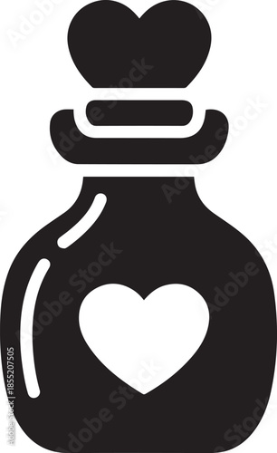 Black and white heart-shaped perfume bottle with a spray nozzle and a heart symbol on the front