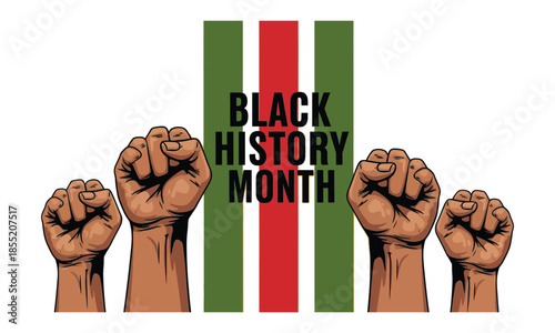 Commemorating black history month with powerful raised fists against a symbolic flag