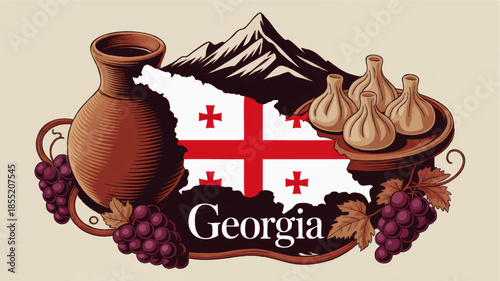 Georgian cuisine and wine illustration with country map, flag, mountains, khinkali dumplings, grapes and traditional clay wine jug