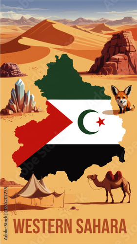 Western Sahara map with national flag, desert dunes, camel, fennec fox and nomad tent, travel poster illustration