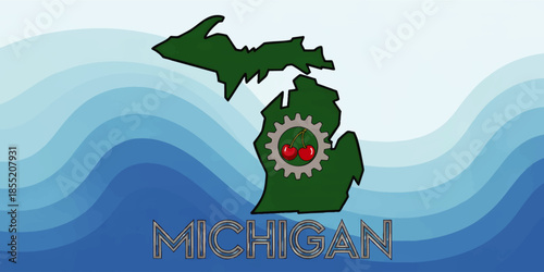 Michigan state illustration with Great Lakes blue waves, green map silhouette, cherry gear emblem and modern typography design