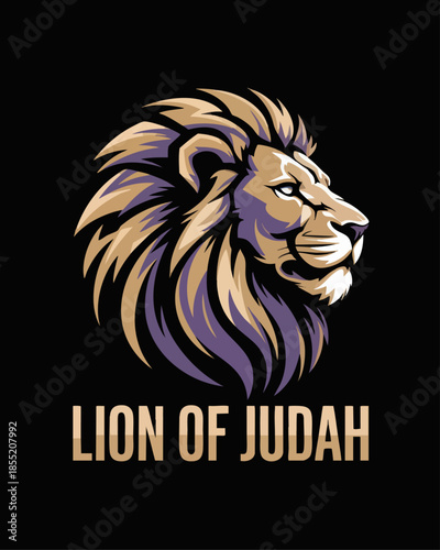 Lion of Judah logo illustration, majestic lion head profile, modern Christian emblem design on black background for worship branding
