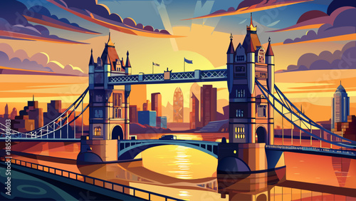 Very beautiful sunset view of Tower Bridge in London, with warm golden light reflecting on the River Thames, highlighting the iconic structure within a calm and dramatic evening cityscape.
